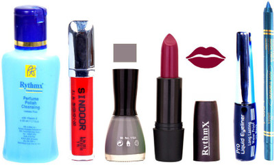 

Rythmx Mazanta Mauve Lipstick Grey Nail Polish Remover Eye Liner Sindoor Turquoise Blue Kajal Combo Kit 8930(Set of 6)