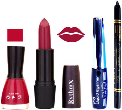 

Rythmx Deeply Pink Nail Polish Rose Mauve Lipstick With Eyeliner and Pro Non Transfer Black Kajal 68103(Set of 4)