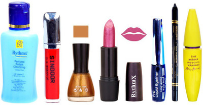 

Rythmx Shimmer Mazanta Lipstick Glitter Gold Nail Polish Remover Eye Liner Sindoor Black Kajal Maskara 56(Set of 7)
