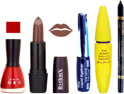 

Rythmx Coffee Brown Lipstick Bright Nail Polish With Black EyeLiner Zed Black Kajal and Volumisant Express MasCara L(Set of 5)