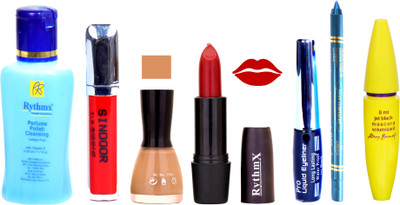 

Rythmx Red Lipstick Musted Nail Polish Remover Black EyeLiner Sindoor Turquoise Blue Kajal Maskara 47(Set of 7)