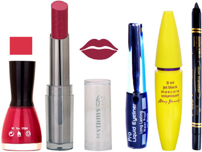 

Rythmx Intense Matte Shimmer Mazanta Shade Lipstick,Shimmer Mazanta Polish,Black Eyeliner,Mascara, And Stay On Black Kajal 7321(Set of 5)