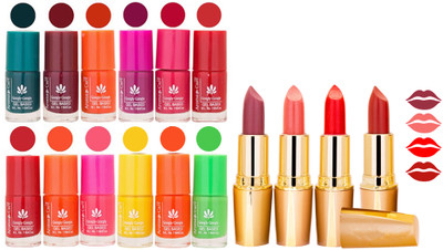 

Aroma Care 12 Piece Vibrant Color Nail Polish Combo Set With 4 Rythm Creamy Matte Lipstick Combo 40(Set of 16)