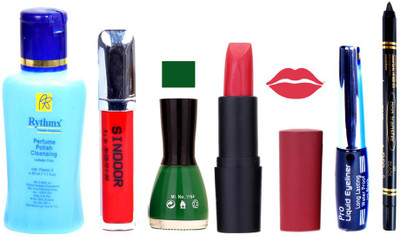 

Rythmx Remover, OTG Lipstick, Sindoor, Nail Polish,EyeLiner, Remover,Black Kajal, Makeup kit Combo 10105(Set of 6)