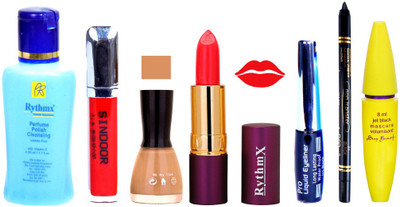 

Rythmx Lipstick ,Polish Remover, Sindoor, Nail Polish,EyeLiner,Black Kajal, Mascara, Makeup kit Combo 14120(Set of 7)