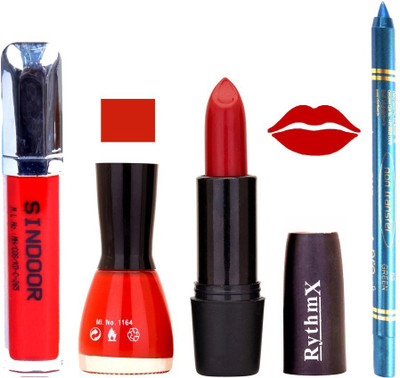 

Rythmx Red Lipstick Red Shade Nail Polish Sindoor and Non Pro Transfer Turquoise Blue Kajal Combo kit 9903(Set of 4)