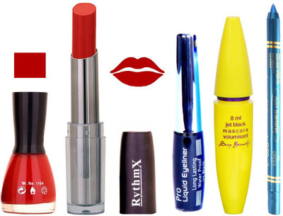 

Rythmx Lipstick, Nail Polish, Kajal, Eyeliner, Mascara, Sindoor, Nail Polish Remover Makeup kit Combo offer Pack of 7(Set of 7)