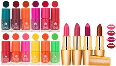

Aroma Care 12 Piece Vibrant Color Nail Polish Combo Set With 4 Rythm Creamy Matte Lipstick Combo 02(Set of 16)