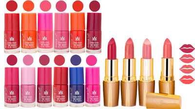 

Aroma Care 12 Piece Vibrant Color Nail Polish Combo Set With 4 Rythm Creamy Matte Lipstick Combo 125(Set of 16)