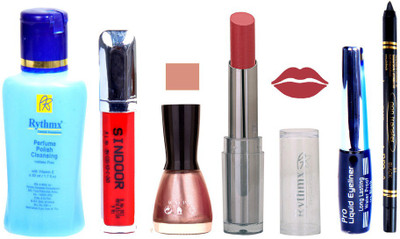 Rythmx Lipstick And Nail Polish + Eyliner + Sindoor + Remover + Kajal Makeup Combo Pack(Set of 6)