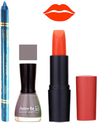 

Fashion Bar Nail Polish , otg Lipstick , Turquoise Blue Kajal Combo113(Set of 3)