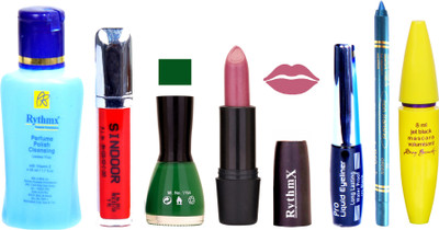 

Rythmx Royal Purple Lipstick Green Nail Polish Remover Eye Liner Sindoor Pro Non Transfer Turquoise Blue Kajal Maskara Color Bomb Kit 1848(Set of 7)