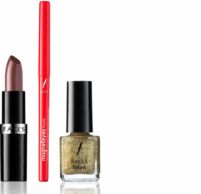 

Faces Go Chic Lipstick Twig+Magneteyes Kajal+Splash Nail Enamel All That Glitters(Set of 3)