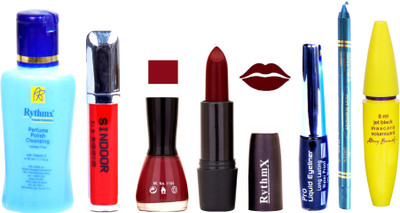 

Rythmx Maroon Lipstick Maroon Nail Polish Remover Black EyeLiner Sindoor Turquoise Blue Kajal Maskara 7(Set of 7)