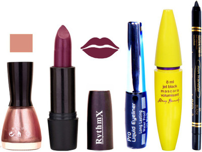 

Rythmx Dark jamini Shades Lipstick Shimmer Light Pink Nail Polish With Black EyeLiner Zed Black Kajal and Volumisant Express MasCara MN(Set of 5)
