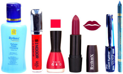 

Rythmx Mazanta Mauve Lipstick Mauvish Pink Nail Polish Remover Eye Liner Sindoor Turquoise Blue Kajal Combo Kit 8936(Set of 6)