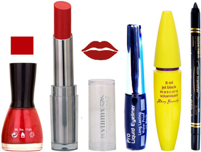 

Rythmx Intense Matte Reviving Red Shade Lipstick, Glitter Nail Polish,Black Eyeliner,Mascara, And Stay On Black Kajal 7327(Set of 5)