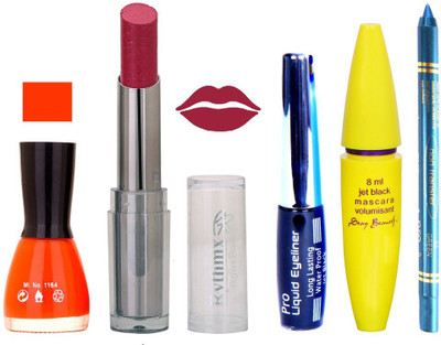 

Rythmx Intense Matte Shimmer mazanta Shade Lipstick, Fantasy Orange Nail Polish,Black Eyeliner,Mascara, And Turquoise Blue Kajal 593(Set of 5)