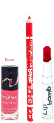 

Color Fever Red Lip Bomb Lipstick + Lip Liner+Nail Polish Combo 240320171(Set of 3)