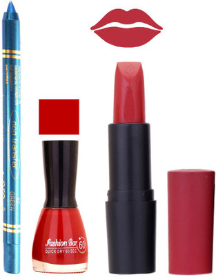 

Fashion Bar Nail Polish , otg Lipstick , Turquoise Blue Kajal Combo59(Set of 3)