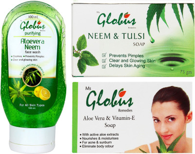 Globus Remedies ALOEVERA NEEM FACE WASH,AND SOAPS COMBO PACK(3 Items in the set)
