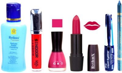 

Rythmx Brown Lipstick Voilet Purple Nail Polish Remover Eye Liner Sindoor Turquoise Blue Kajal Combo Kit 8903(Set of 6)