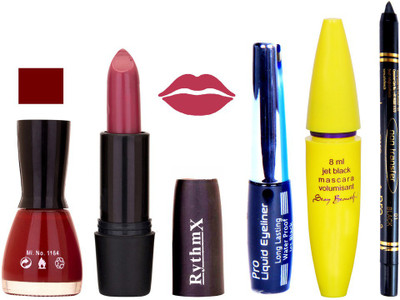 Rythmx Pinkish Purple Lipstick Maroon Nail Polish With Black EyeLiner Zed Black Kajal and Volumisant Express MasCara CD(Set of 5)