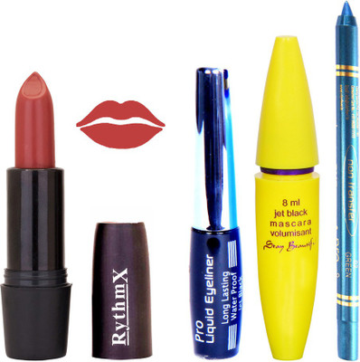 

Rythmx Solor Browny Shade Lipstick Bold Look Eyeliner Non Pro Transfer Turqoise Blue Kajal Jet Black Volumisant Mascara Kit 3095(Set of 4)
