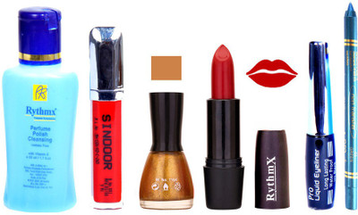 

Rythmx Rose Red Lipstick Giltter Glod Nail Polish Remover Eye Liner Sindoor Turquoise Blue Kajal Combo Kit 8921(Set of 6)