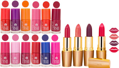 

Aroma Care 12 Piece Vibrant Color Nail Polish Combo Set With 4 Rythm Creamy Matte Lipstick Combo 108(Set of 16)