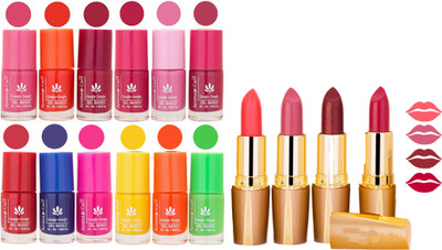 

Aroma Care 12 Piece Vibrant Color Nail Polish Combo Set With 4 Rythm Creamy Matte Lipstick Combo 91(Set of 16)