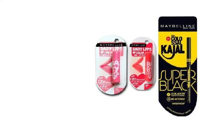 

Maybelline colossal super black kajal 0.35,Baby Lips Pink Lolita(4 g) & Baby Lips Cherry Kiss (SPF20)(Set of 3)