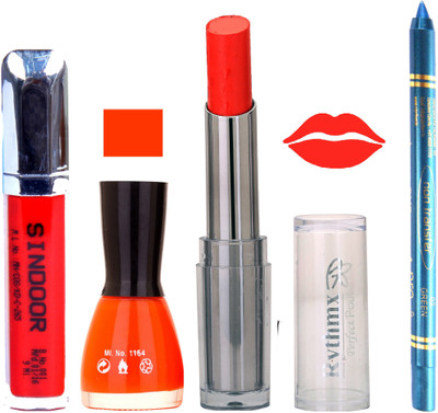 

Rythmx Lipstick Sindoor,Nail Polish,Turquois Blue Kajal Makeup Pack Combo 608(Set of 4)
