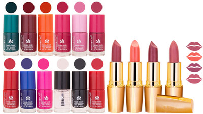 

Aroma Care 12 Piece Vibrant Color Nail Polish Combo Set With 4 Rythm Creamy Matte Lipstick Combo 61(Set of 16)
