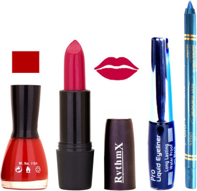 

Rythmx Cherry Red Nail Polish Bright Mazanta Lipstick With Eyeliner and Pro Non Transfer Blue Kajal 580100(Set of 4)