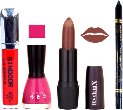 

Rythmx Chaclaty Brown Lipstick Voilet Purple Nail Polish Non Transfer Black kajal Sindoor 166(Set of 4)
