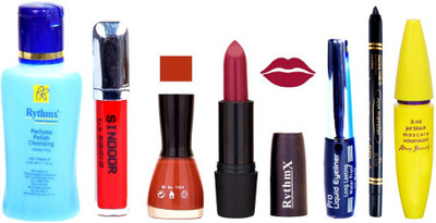 

Rythmx Brown Lipstick Orangy Brown Nail Polish Remover Eye Liner Sindoor Pro Non Transfer Black Kajal Maskara Combo Kit 2827(Set of 7)