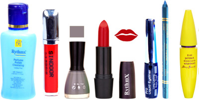 

Rythmx Red Lipstick Grey Nail Polish Remover Eye Liner Sindoor Pro Non Transfer Turquoise Blue Kajal Maskara Color Bomb Kit 1855(Set of 7)