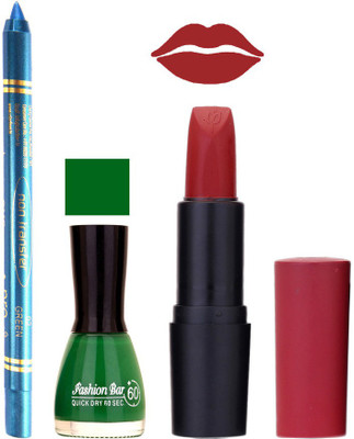 

Fashion Bar Nail Polish , otg Lipstick , Turquoise Blue Kajal Combo103(Set of 3)