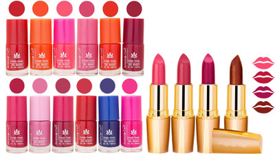 Aroma Care 12 Piece Vibrant Color Nail Polish Combo Set With 4 Rythm Creamy Matte Lipstick Combo 11(Set of 16)