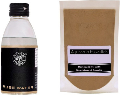 

Ayurveda Essentials 100% Pure and Natural Steam Distilled Rose Water with Multani Mitti with Sandalwood Powder(Set of 2)