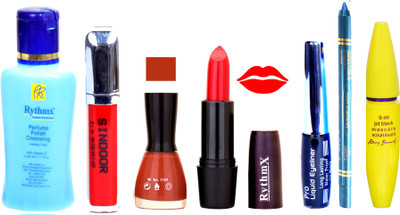 

Rythmx Orange Lipstick Light Brown Nail Polish Remover Eye Liner Sindoor Pro Non Transfer Turquoise Blue Kajal Maskara Color Bomb Kit 1815(Set of 7)