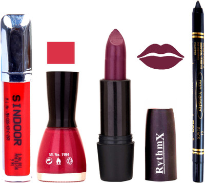 

Rythmx JAmini Lipstick Neon Pink Nail Polish Non Transfer Black kajal Sindoor 151(Set of 4)