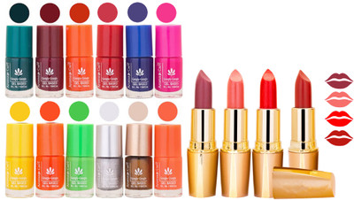 

Aroma Care 12 Piece Vibrant Color Nail Polish Combo Set With 4 Rythm Creamy Matte Lipstick Combo 44(Set of 16)