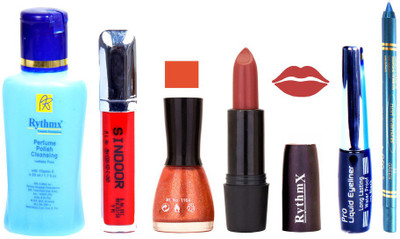 

Rythmx Pinkish Peach Lipstick Glitter Orange Nail Polish Remover Eye Liner Sindoor Turquoise Blue Kajal Combo Kit 8923(Set of 6)