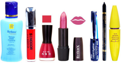 

Rythmx Shimmer Voilet Purple Lipstick Mazanta Pink Nail Polish Remover Eye Liner Sindoor Pro Non Transfer Black Kajal Maskara Combo Kit 2832(Set of 7)
