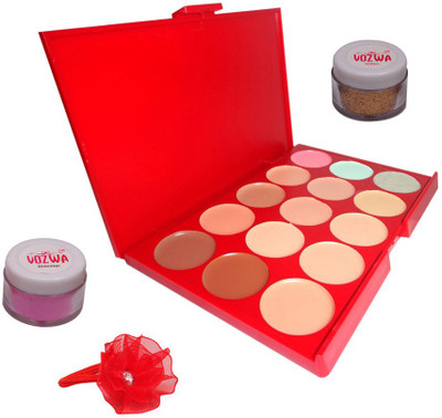 

Vozwa Pink Shimmer Powder, Golden Glitter, 15 Shades Concealer and Band(Set of 4)