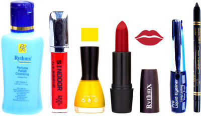 

Rythmx Rose Red Lipstick Yellow Nail Polish Remover Eye Liner Sindoor Black Kajal Combo Kit 9804(Set of 6)