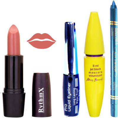 

Rythmx Peach Lipstick Bold Look Eyeliner Non Pro Transfer Turqoise Blue Kajal Jet Black Volumisant Mascara Kit 30303(Set of 4)