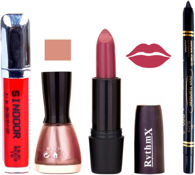 

Rythmx Rose Red Lipstick Shimmer Light Pink Nail Polish Non Transfer Black kajal Sindoor 155(Set of 4)